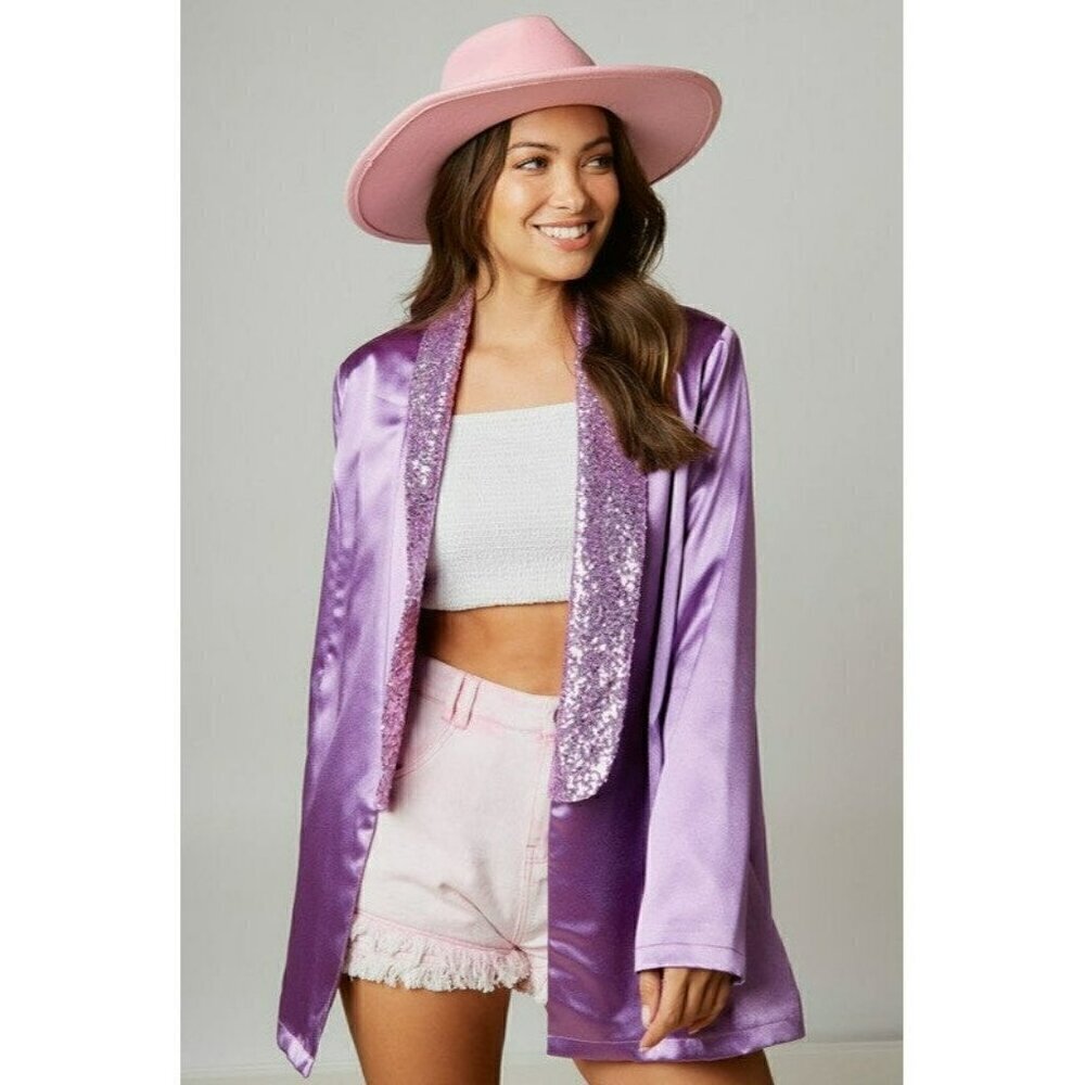 Queen Bee Satin and Sequin Blazer in Lavender